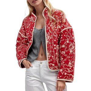 Women’s Red floral Cropped Puffer Quilted Jacket Floral Print Lightweight Coat
